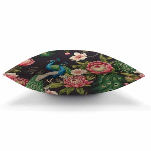 Peacock on Cherry Tree Throw Pillow Cover, 18x18 Inch Cotton Linen Cushion
