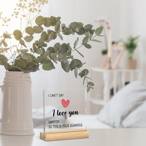 I Love You Acrylic Sign with Wooden Base - 4x4 Inch Romantic Gift