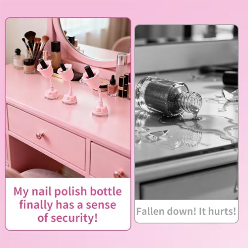 Pink Rose-Shaped Nail Polish Bottle Holder with 360° Rotating Stem and Strong Suction
