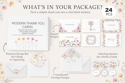 Racrico 24 Thank You Cards with Envelopes – 6 Floral Designs