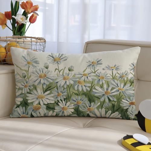 Watercolor Daisy Flowers Throw Pillow Cover - 12x20 Inch Floral Cushion