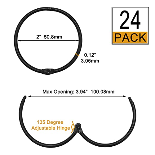LULARINE Black 24 Pack Shower Curtain Hooks Rings - Rustproof Metal, Easy Glide, 2-Inch Inner Diameter