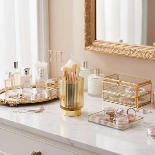 Large Amber Glass Makeup Brush Holder Organizer for Vanity & Countertop