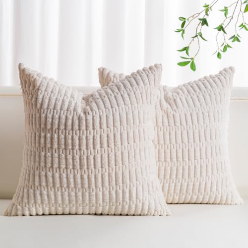 Aegero Pack of 2 Cream White Corduroy 16x16 Inch Decorative Throw Pillow Covers
