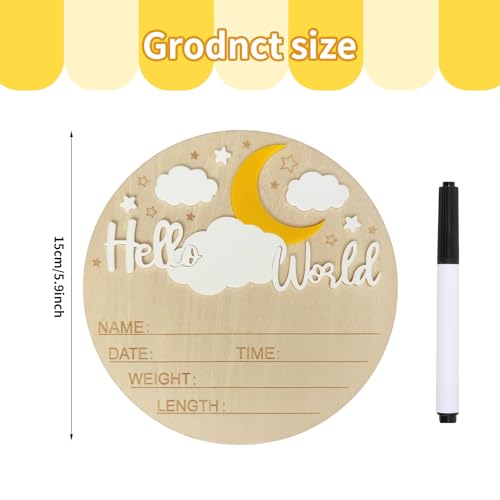 Wooden Baby Birth Announcement Sign with Moon & Stars, 5.9 Inch