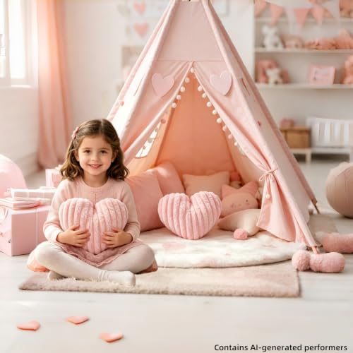 Pink Heart Pillow, 12.9" Small Fluffy Faux Fur Throw Pillow for Bedroom