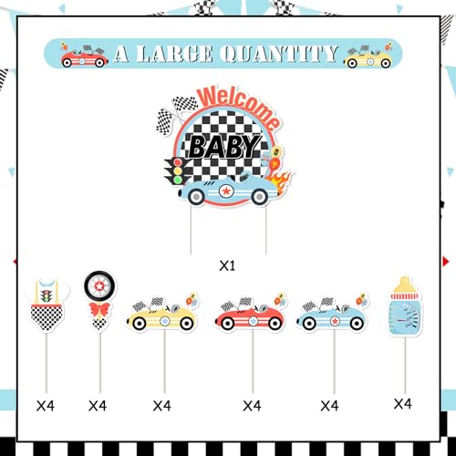 Vintage Race Car Baby Shower Cake Topper Set - 1 Cake Topper & 24 Cupcake Toppers