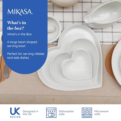 MIKASA Chalk Porcelain Heart-Shaped Bowl, Large Heart Bowl for Snacks and Salads, 21cm | White Serving Dish for Parties and Buffets | Dishwasher Safe & Gift Packaged