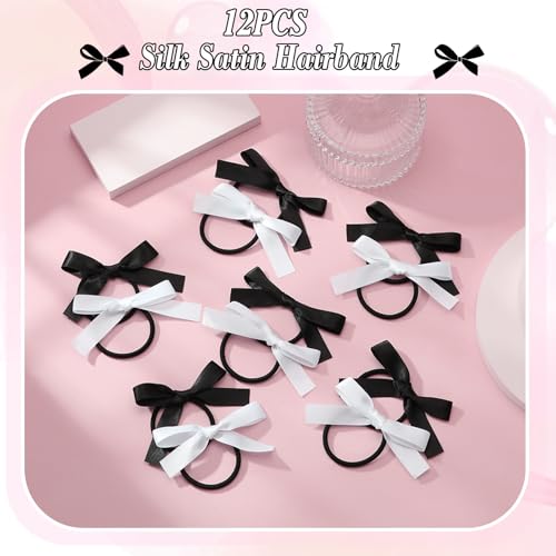 Auseibeely 12PCS Silk Satin Hair Bows Ponytail Holders Black White