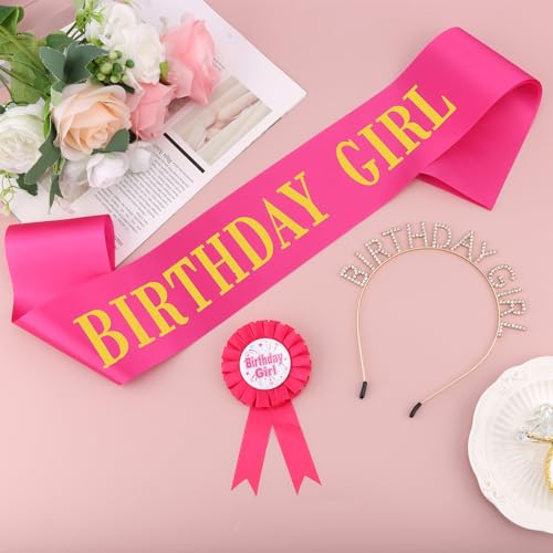 Chanaco Hot Pink Birthday Crown and Sash Set for Women & Girls