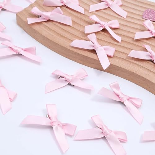 30Pcs Mini Pink Silk Satin Hair Bow Clips Small Bowknot Barrettes