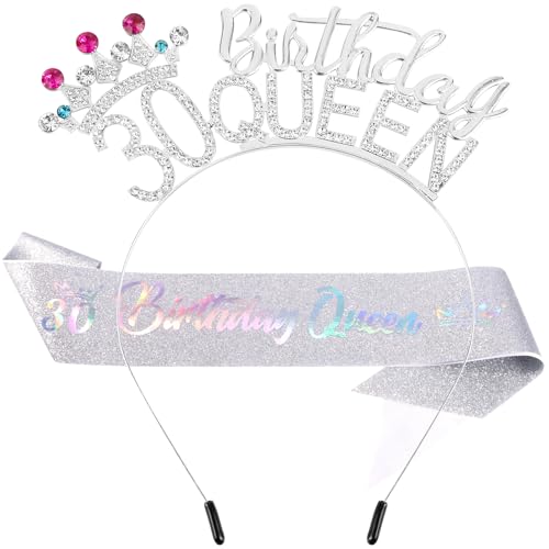 30th Birthday Queen Rhinestone Tiara Crown and Sash Set for Women