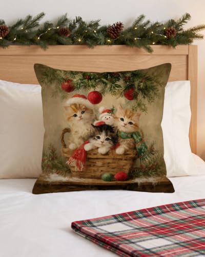 Vintage Christmas Cat Pillow Cover 18x18 with Hidden Zipper