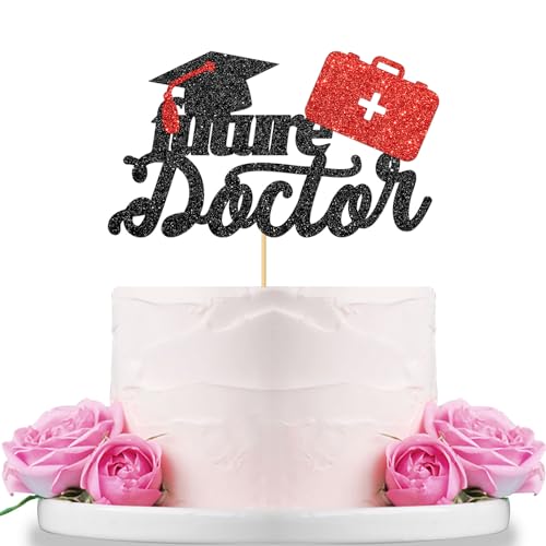 Future Doctor Graduation Cake Topper - Black Red Glitter Decoration