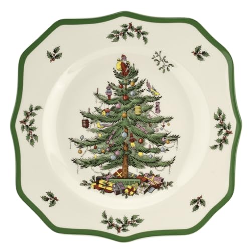 Spode Christmas Tree Scalloped Dinner Plate - Holiday-Themed Stoneware Large Plate - 10.5 Inch Christmas Dinner Dish Featuring Colorful Gifts & Mistletoe Accents - Dishwasher & Microwave Safe