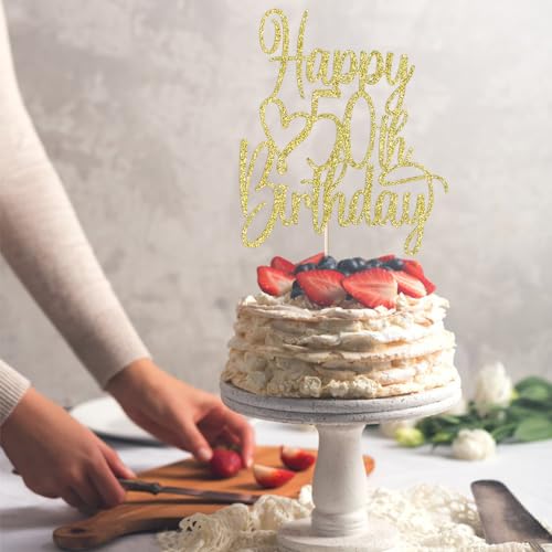 Gold Glitter 50th Birthday Cake Topper | Cheers to 50 Years