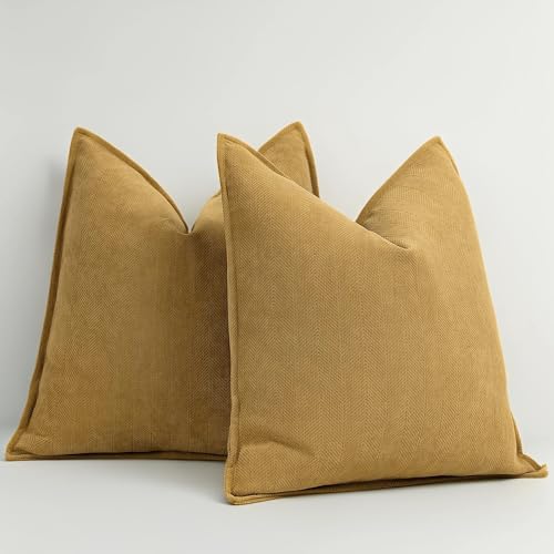 Mustard Yellow Chenille Throw Pillow Covers 20x20 - Set of 2