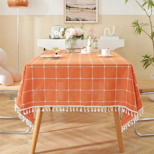 Rakila Rustic Checkered Cotton Linen Tablecloth - Orange 55x102 Inches, Waterproof, Tassel Decor for Kitchen & Dining, 10-12 Seats