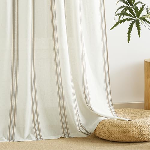 NICETOWN Stripe Linen Curtains 52 x 84 Inch Long for Living Room - Taupe & White Classic Grommet Rustic Drapes, Light Filtering Window Covering for Patio Glass French Door, 1 Pair