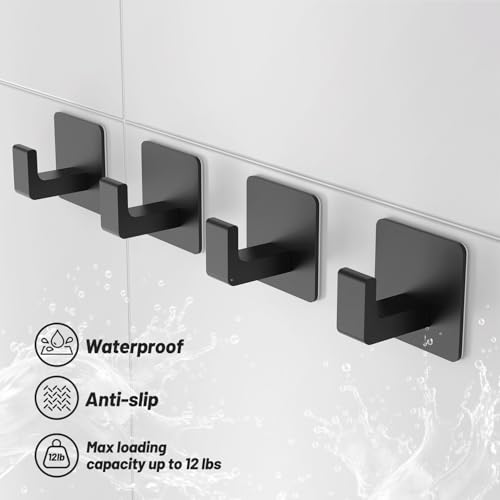 Adhesive Towel Hooks - 4 Pack Matte Black Heavy Duty Towel Holders