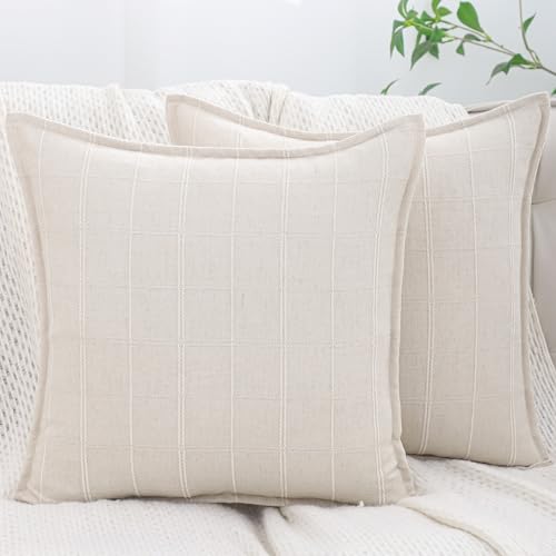 Set of 2 Jacquard Throw Pillow Covers 18x18 - Khaki Plaid