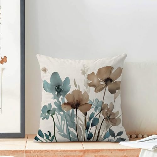 Floral Pillow Covers Set of 2, 16x16 Inch Linen - Blue Brown