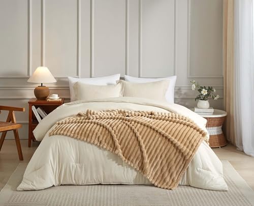 COZYXWORLD 380GSM Heavyweight Ribbed Fleece Throw Blanket, Beige 50x60