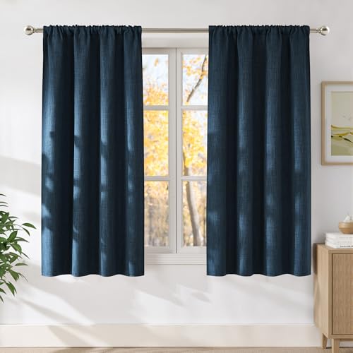 NICETOWN Navy Blue Faux Linen Room Darkening Curtains 42" W x 63" L Pack of 2
