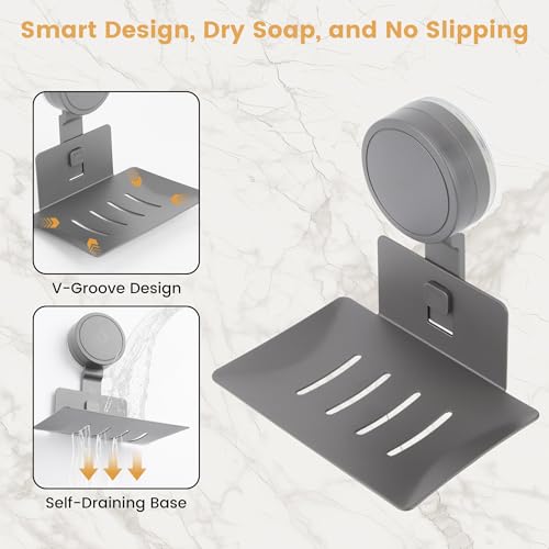 HASSLICKIT Suction Cup Soap Holder - Rustproof Wall Mounted Dish, Matte Grey