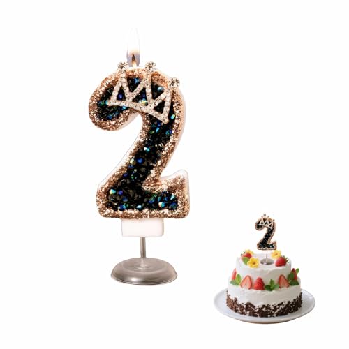 Black Gold Crown Number 2 Birthday Candle with Glitter Cake Topper
