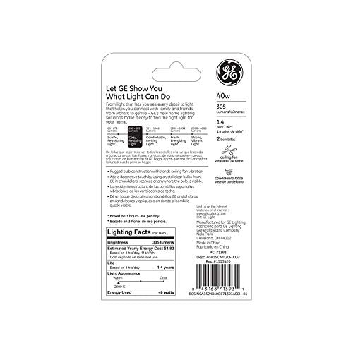 GE A15 Ceiling Fan Light Bulb, 40-Watt Incandescent, Crystal Clear, 2-Pack