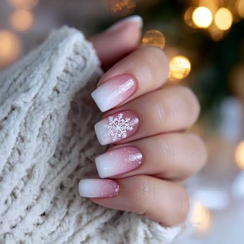 ASABITE Christmas Press on Nails Glitter Snowflake False Nails Medium Square