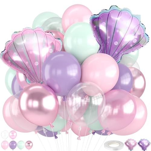 30PC Mermaid Balloon Kit - Pastel Pink, Purple & Green Seashell Party Decor