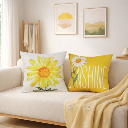 Yellow Sunflower Throw Pillow Covers 18x18 (Set of 4) for Home Decor