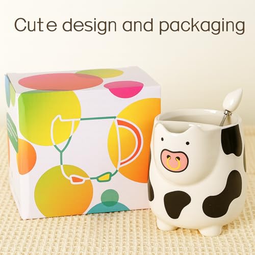 White Cow Mug with Built-in Tea Bag Holder & Spoon - 17oz Ceramic Animal Cup