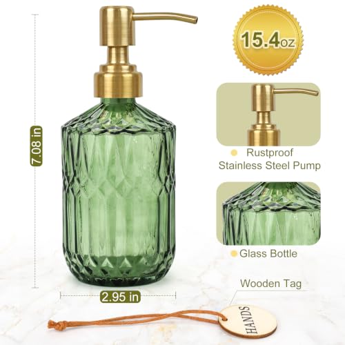 Elegant Green Glass Soap Dispenser with Rust-Proof Pump - 15.4 Oz