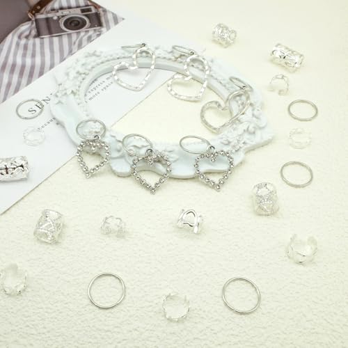 106 Pcs Silver Heart Hair Jewelry Clips Metal Cuffs for Braids Locs