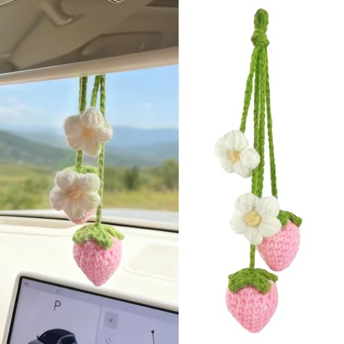 Handmade Crochet Strawberry Car Hanging Ornament - Cute Rearview Mirror Decor