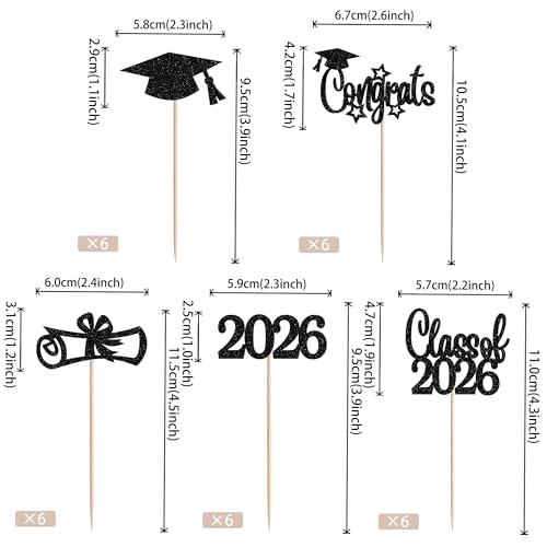 2026 Graduation Cupcake Toppers - 30 PCS Glitter Picks