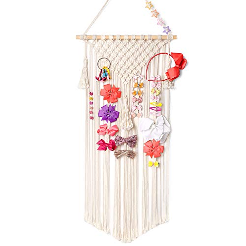 Mkono Macrame Hair Bow Holder - Ivory Wall Organizer for Clips & Headbands