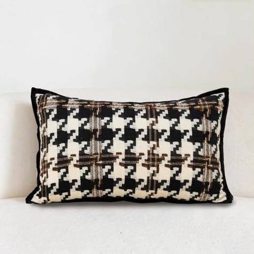 Mussepera Houndstooth Lumbar Pillow Cover, Black Brown 12" x 20" Velvet Back