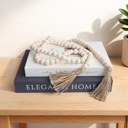 58-Inch Rustic Wood Bead Garland with Tassels for Home Decor