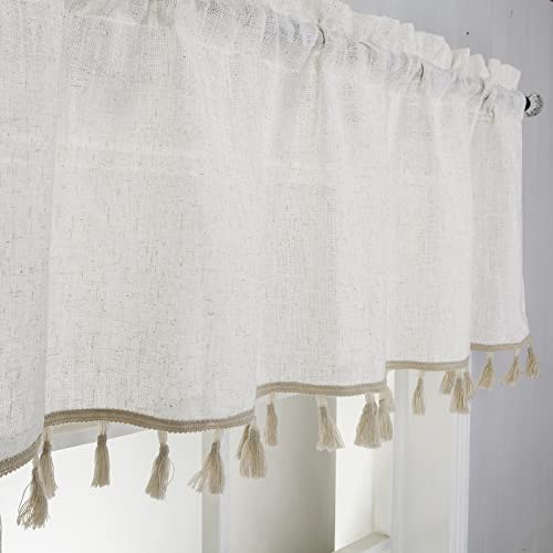 Easy Home Boho Tassel Window Valance Faux Linen Sheer Curtain Beige