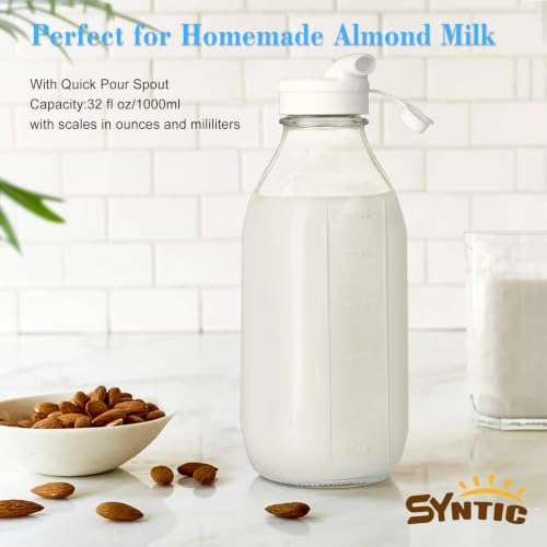 Syntic 32 Oz Glass Milk Bottle with Airtight Lid and Scale Marks - 1 Pack
