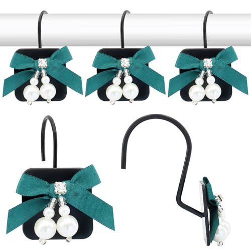 Green Satin Bowknot Shower Curtain Hooks Set - 12 Metal Hangers for Bathroom & Bedroom