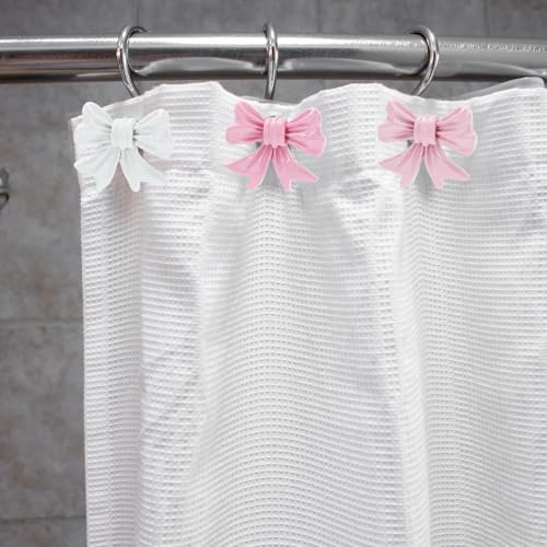FYSUIMU 12Pcs Decorative Shower Curtain Hooks - Pink & White Bow