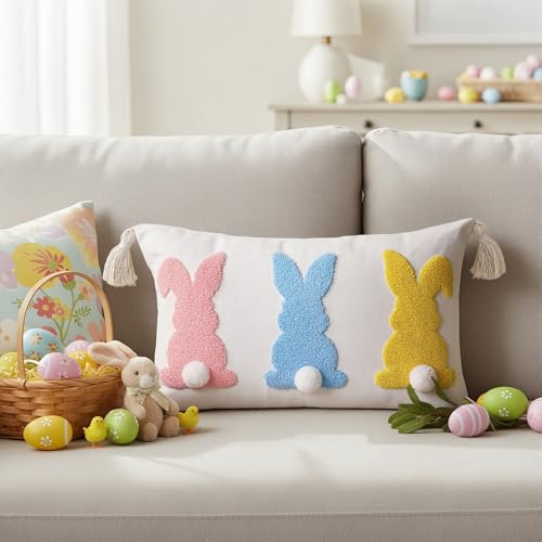 Easter Bunny Pillow Covers 12x20 Inch - Colorful Rustic Decor