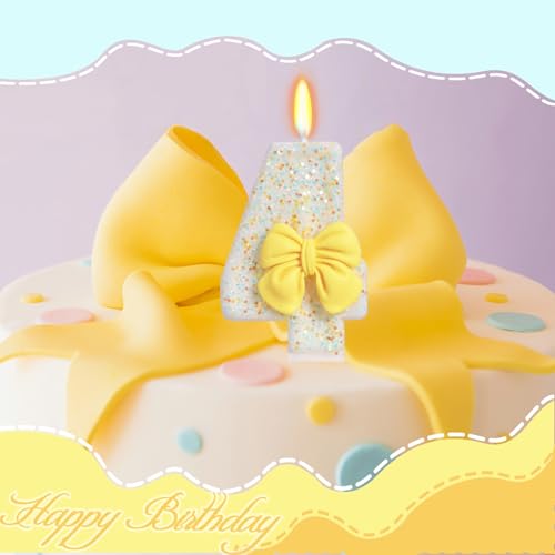 Number 4 Birthday Candle with Yellow Bow Cake Topper Decoration