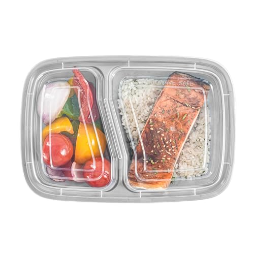 Restaurantware-Asporto 26 Ounce Compartment Take Out Boxes, 100 Microwavable Meal Prep Containers - 2 Compartments, With Clear Plastic Lids, Silver Plastic Food Containers, Do Not Contain BPA