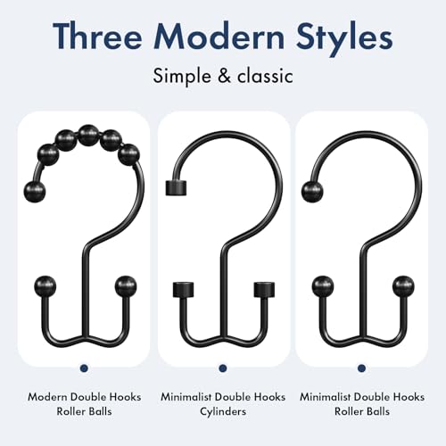 Matte Black Shower Curtain Hooks - 12 Pcs Double Hook Rings for Bathroom